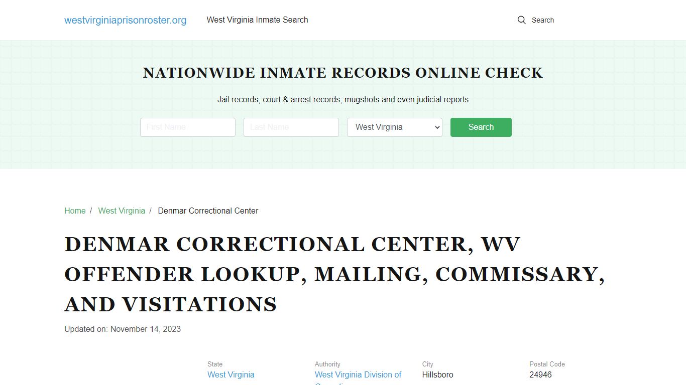Denmar Correctional Center, WV Inmate Search, Commissary, Visitations